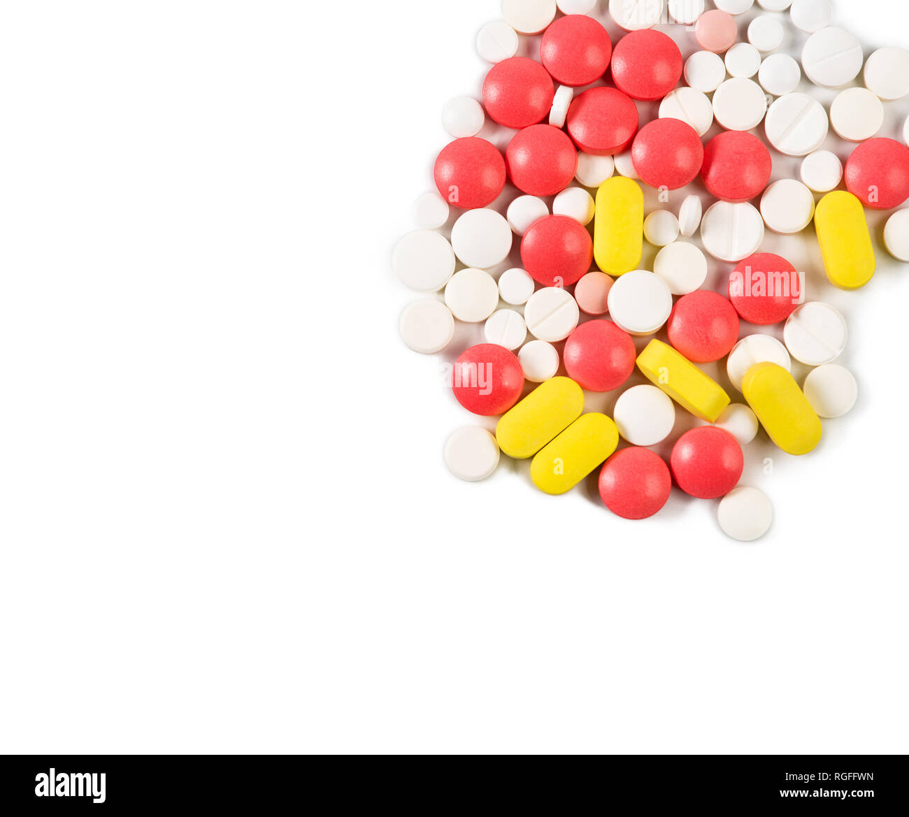 Drug addiction concept. Top view of multi colored medical drugs