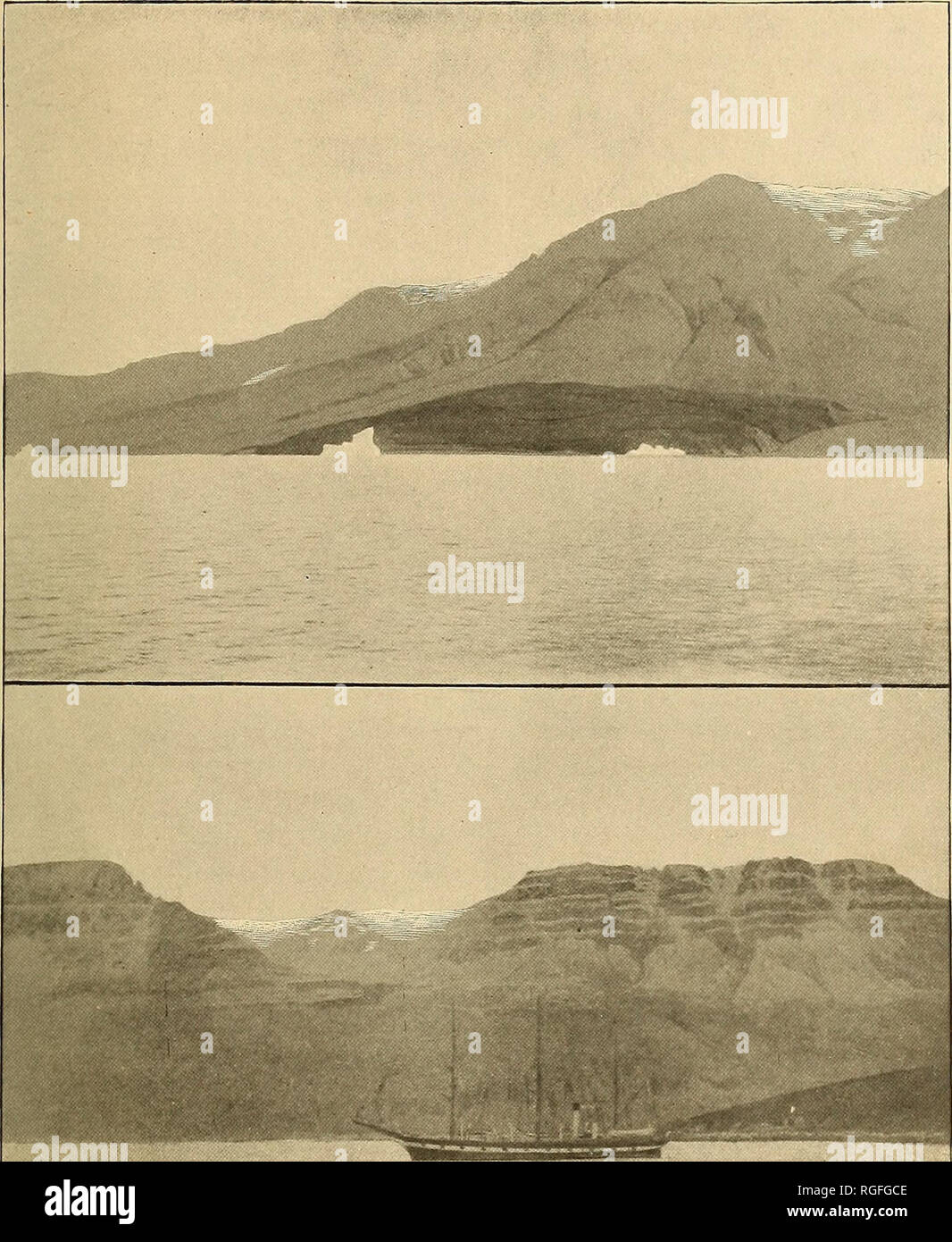 . Bulletin of the Geological Society of America. Geology. BULL. GEOL. SOC. AM. VOL. 9, 1897, PL. 26. Figure 1.—Kaersut, north coast of Nugsuak peninsula; hillock of ancient crystalline floor in foreground, surmounted by Lower Cretaceous, etcetera. Figure 2.—Godhavn, Disco island; low ridge of old crystalline in lower right, flanked by Tertiary sedi- ments and horizontally bedded basalts, weathering in benches. Photographs published by courtesy of C. Lansing Baldwin, New York.. Please note that these images are extracted from scanned page images that may have been digitally enhanced for readabi Stock Photo