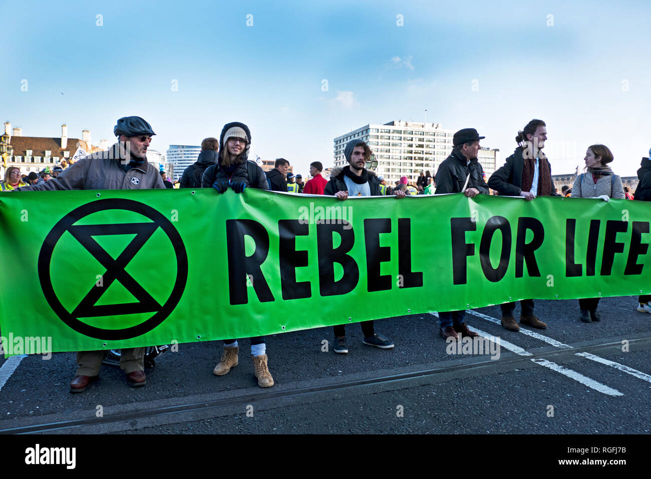 Extinction rebellion protest against climate change on Westminster Bridge November 2018. Stock Photo