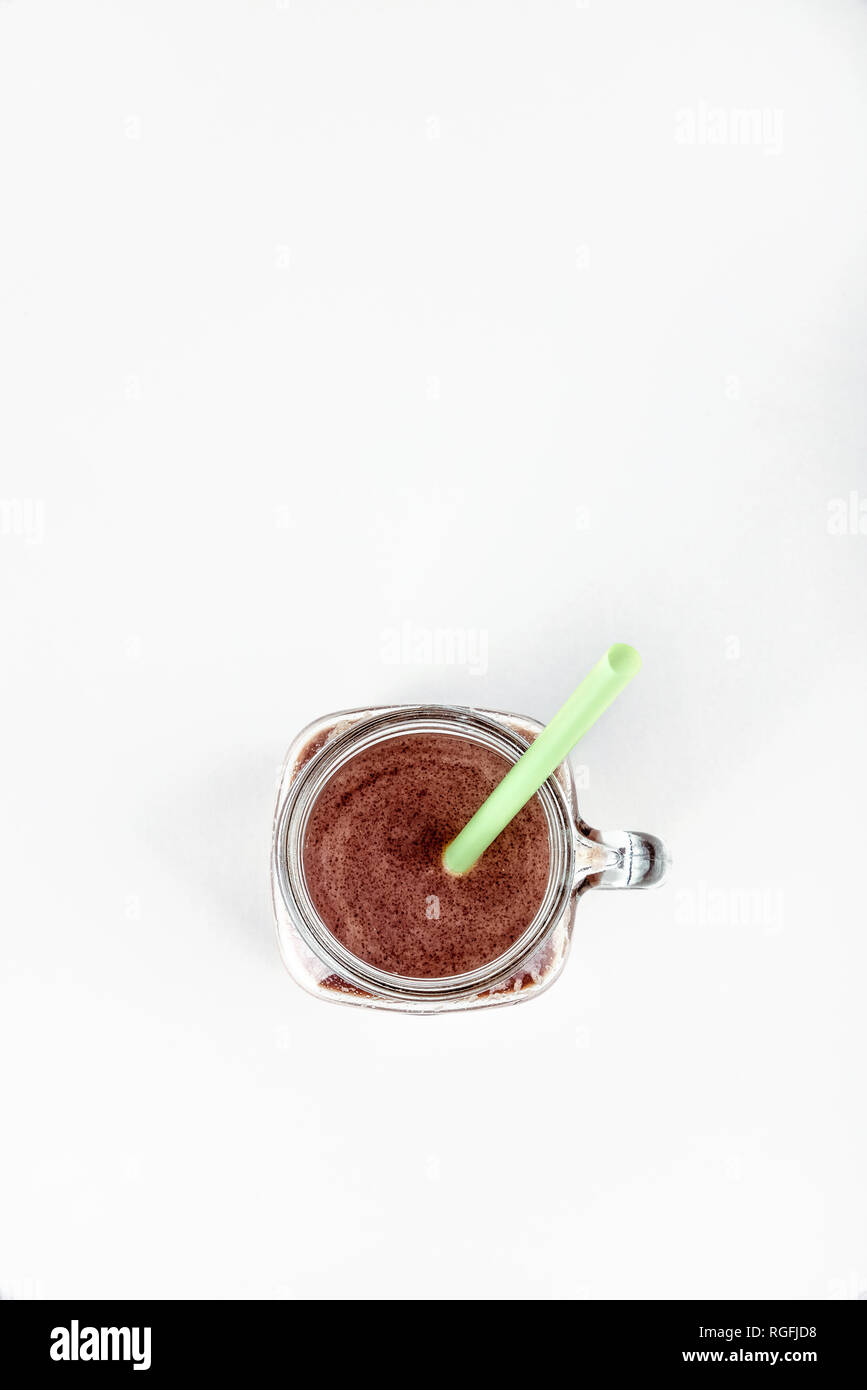 Sports nutrition with chocolate protein shake, top view. Copy space Stock Photo