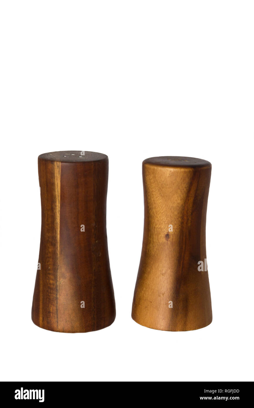 Wooden salt and pepper shaker, wooden salt and pepper pots on a clean