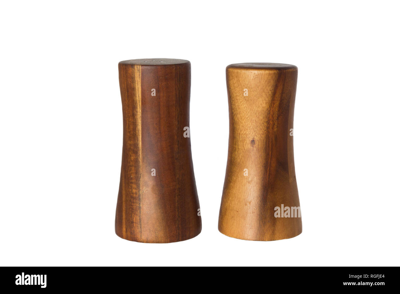 Wooden salt and pepper shaker, wooden salt and pepper pots on a clean white background Stock