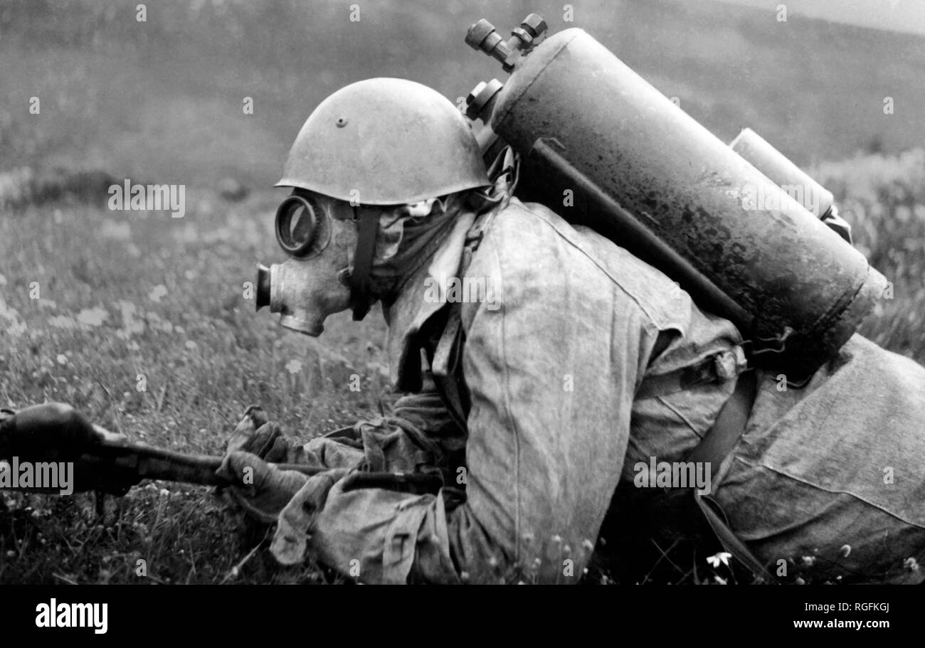 sapper soldier with flamethrower, 1939-45 Stock Photo
