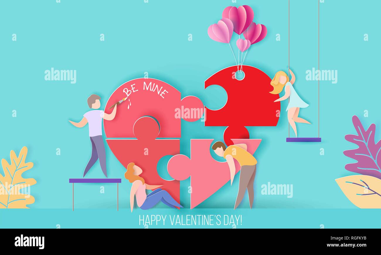 Valentines day card with small people build a big heart puzzle. Vector paper art illustration. Paper cut and craft style. Stock Vector