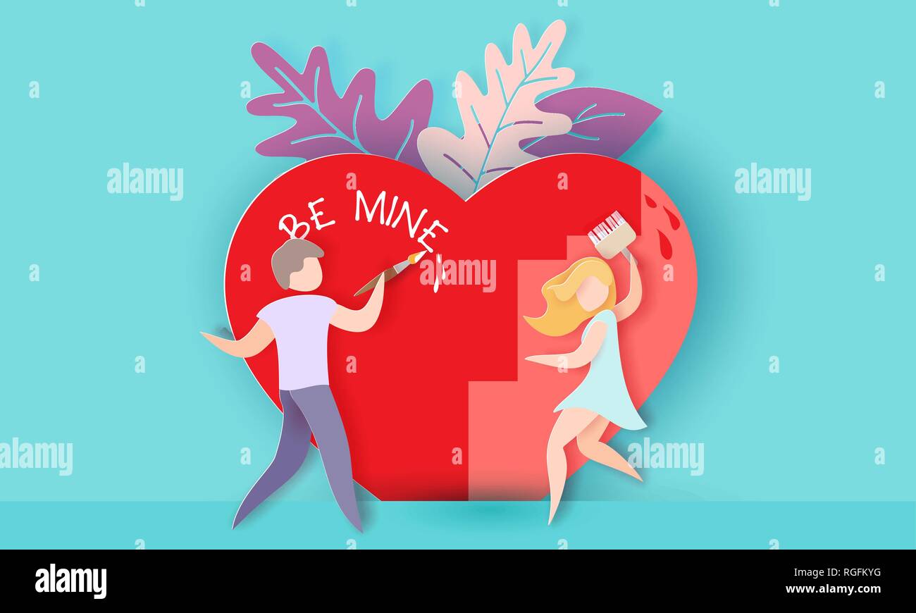 Valentines day card with couple painting big red heart on blue ...