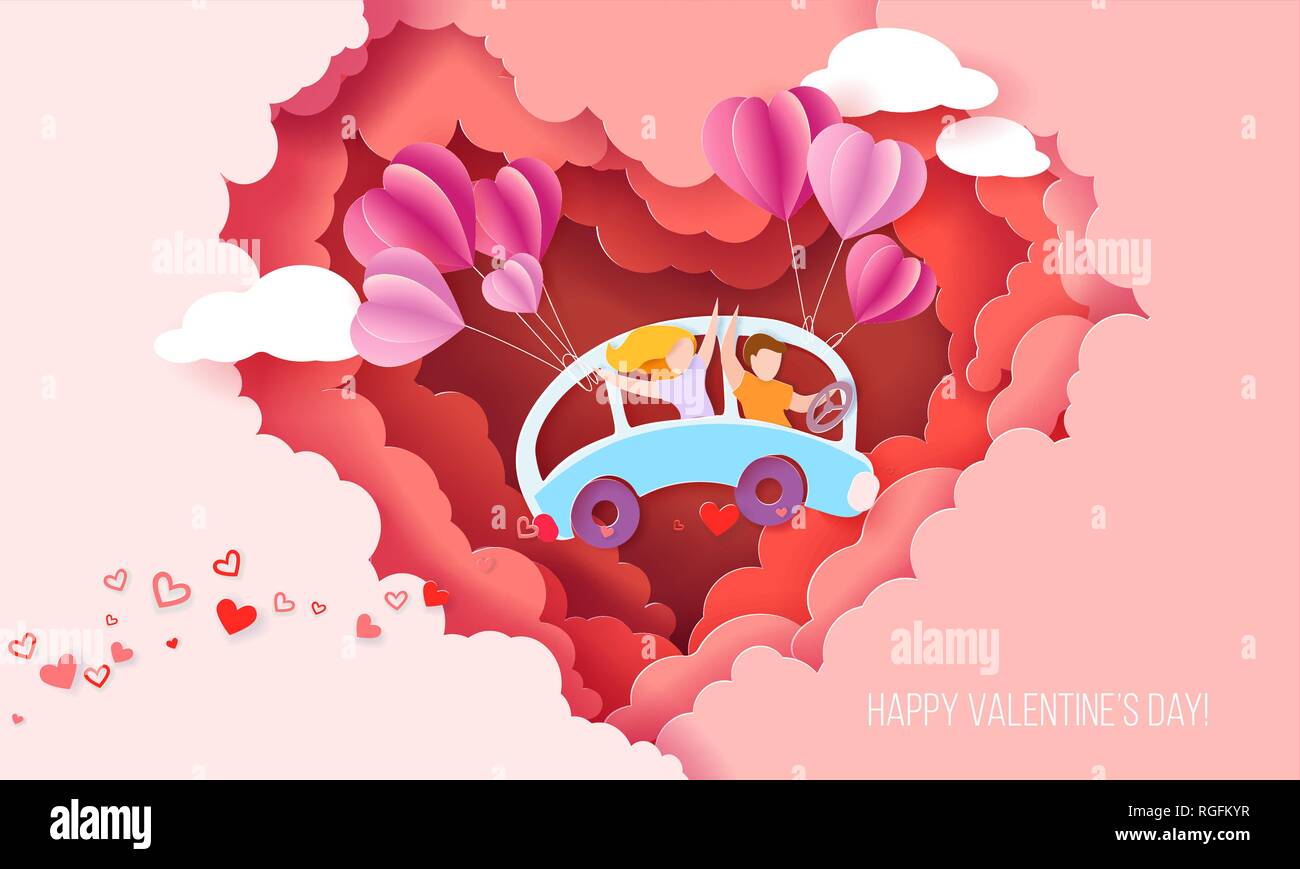 Valentines day card with couple driving blue bus with air balloons inside red clouds heart shaped. Vector paper art illustration. Paper cut style. Stock Vector