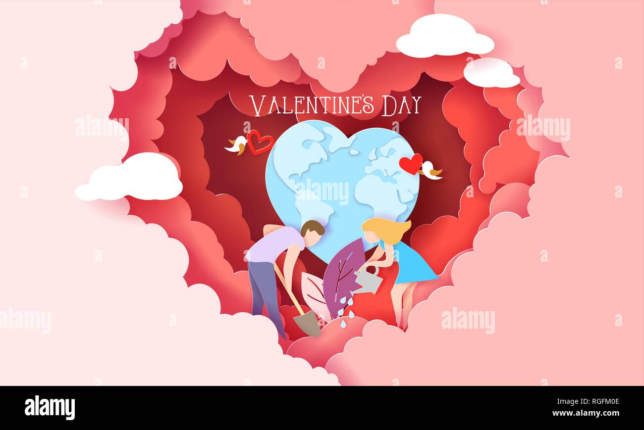 Valentines day card with couple take care of love heart plant with Earth globe inside red clouds heart shaped. Vector illustration. Paper cut style. Stock Vector