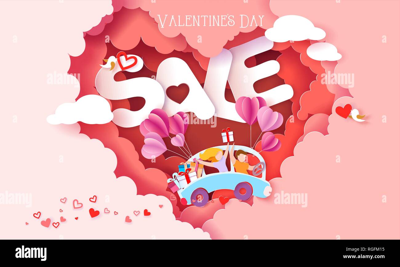 Valentines day sale card. Couple driving blue bus with balloons inside red clouds heart shaped and letters SALE. Vector illustration. Paper cut style. Stock Vector