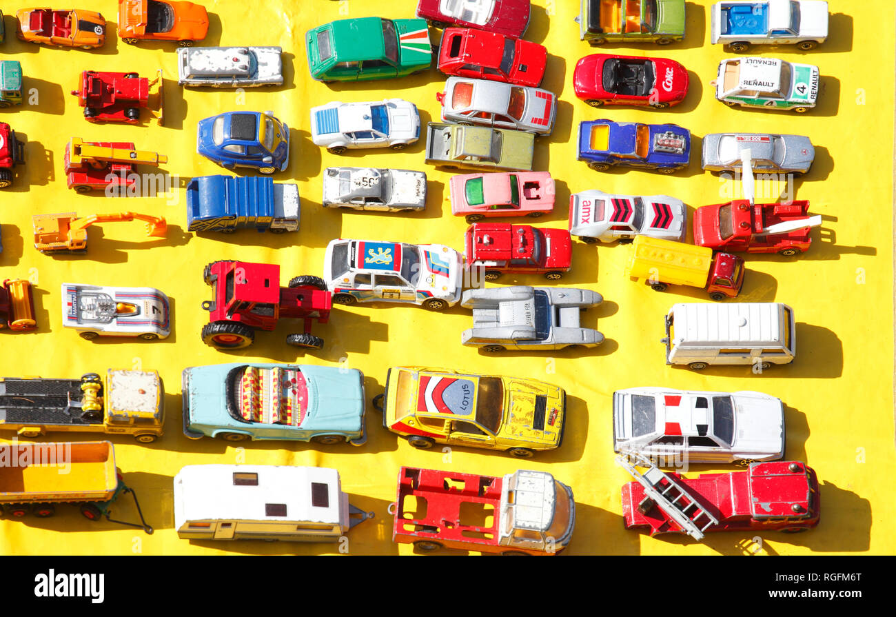 Old toy cars on a flea market Stock Photo