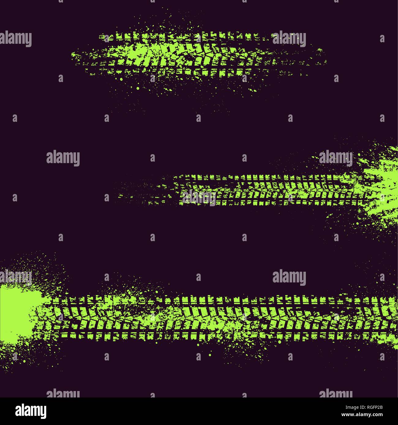 Three different tire tracks with ink blots isolated on black background Stock Vector