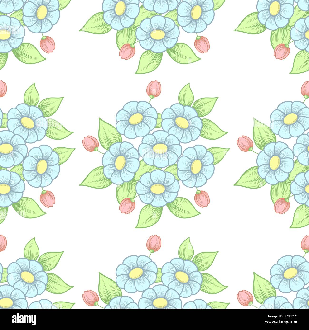 Seamless white background with pastel color flower daisy bouquets Stock Vector