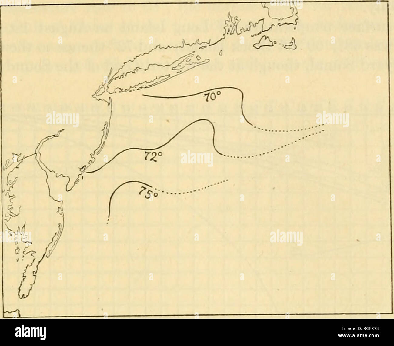 . Bulletin of the Museum of Comparative Zoology at Harvard College. Zoology. BIGELOW: COAST WATER EXPLORATION OF 1913. 157. Fig. 2.â Surface temperature south of Cape Cod, Aug. 20-Sept. 1. 5 to 15 20 25 30 35 40 45 50 55 60 65 70 75 80 85 40Â° 41 45 4 4^ 4 5 46 4 7 4 3 49 50 &quot; 5 5 2 53 54 55 5 B 5 7 58 59 60Â° 61 6 2 83 64 65 66 6 7 68 6S â r ^ ^ -:: ==J ^- -:^ ^ == '-- =^ ^ ^ ^^ ^ ^ / ^ â ^ ^ â ^ / ^ / / 60 / / 5 9 1 62  s 5 8    ^ 61  j Fig. 3.â Temperatiu-e sections in tlae southern part of the Gulf of Maine (Station 10058); on George's Bank (Station 10059), and on the continental Stock Photo