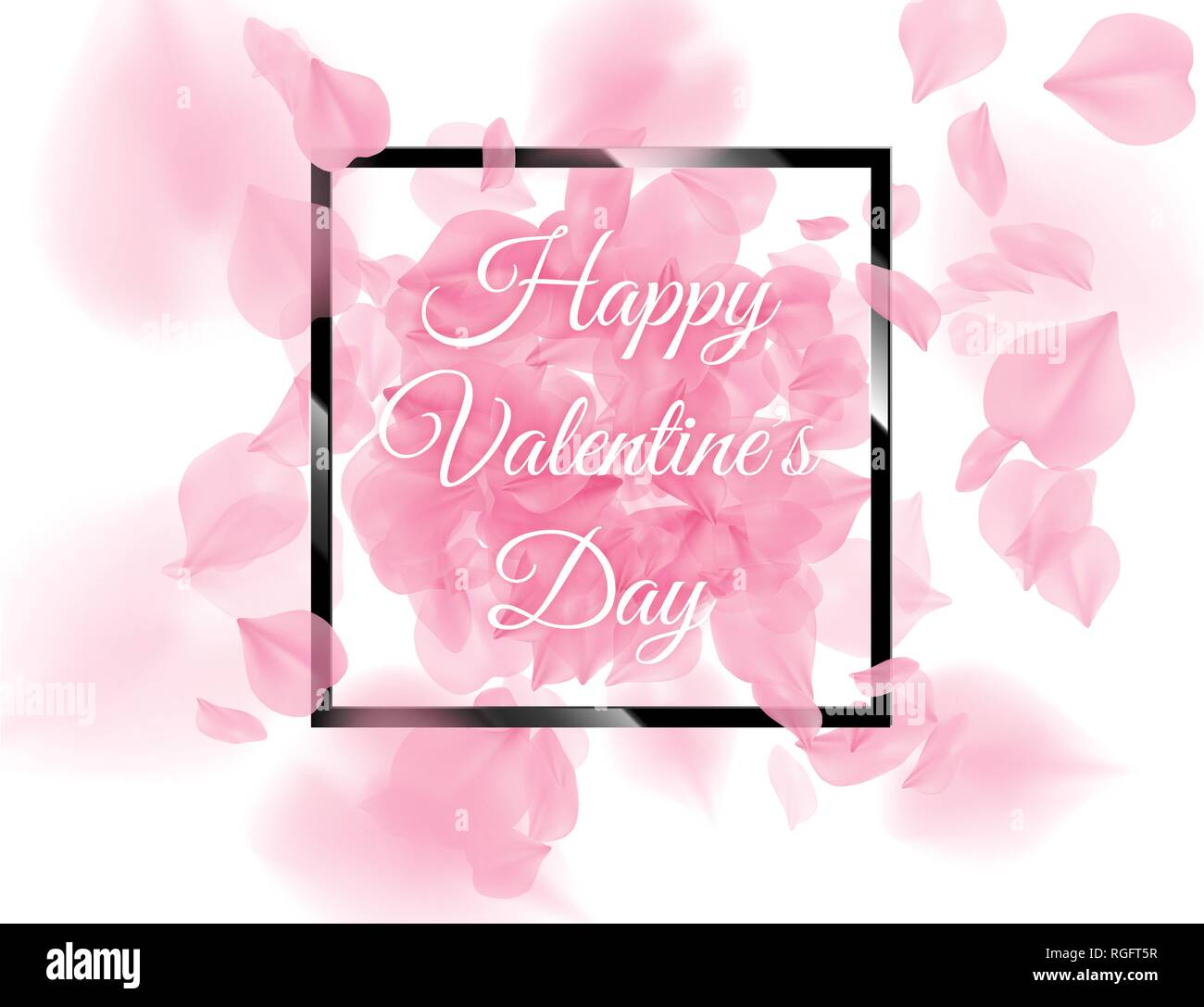Happy Valentines Day black square frame with pink sacura petals falling on white background. Vector rose flower 3D romantic illustration. Spring Stock Vector