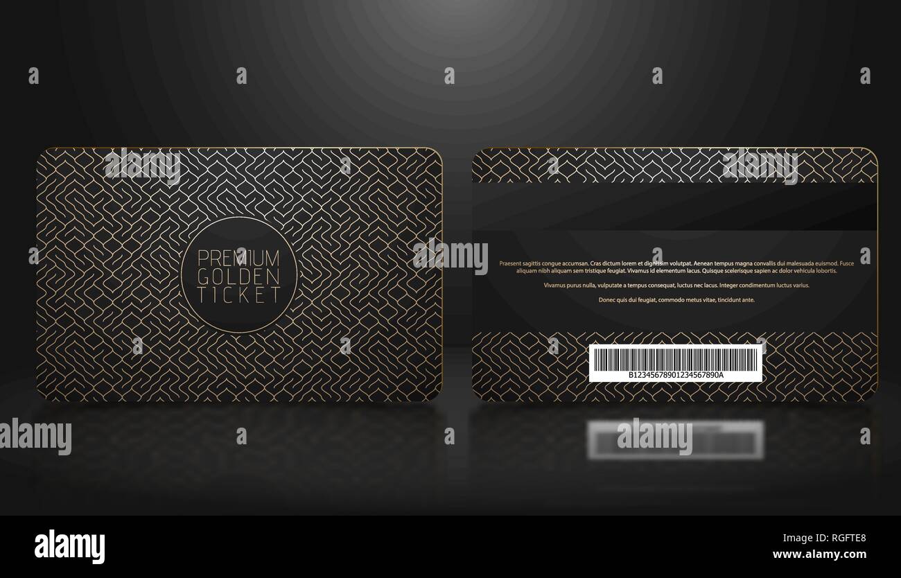 Vector template of membership or loyalty black VIP card with luxury golden geometric pattern. Front and back design presentation. Premium member, gift Stock Vector