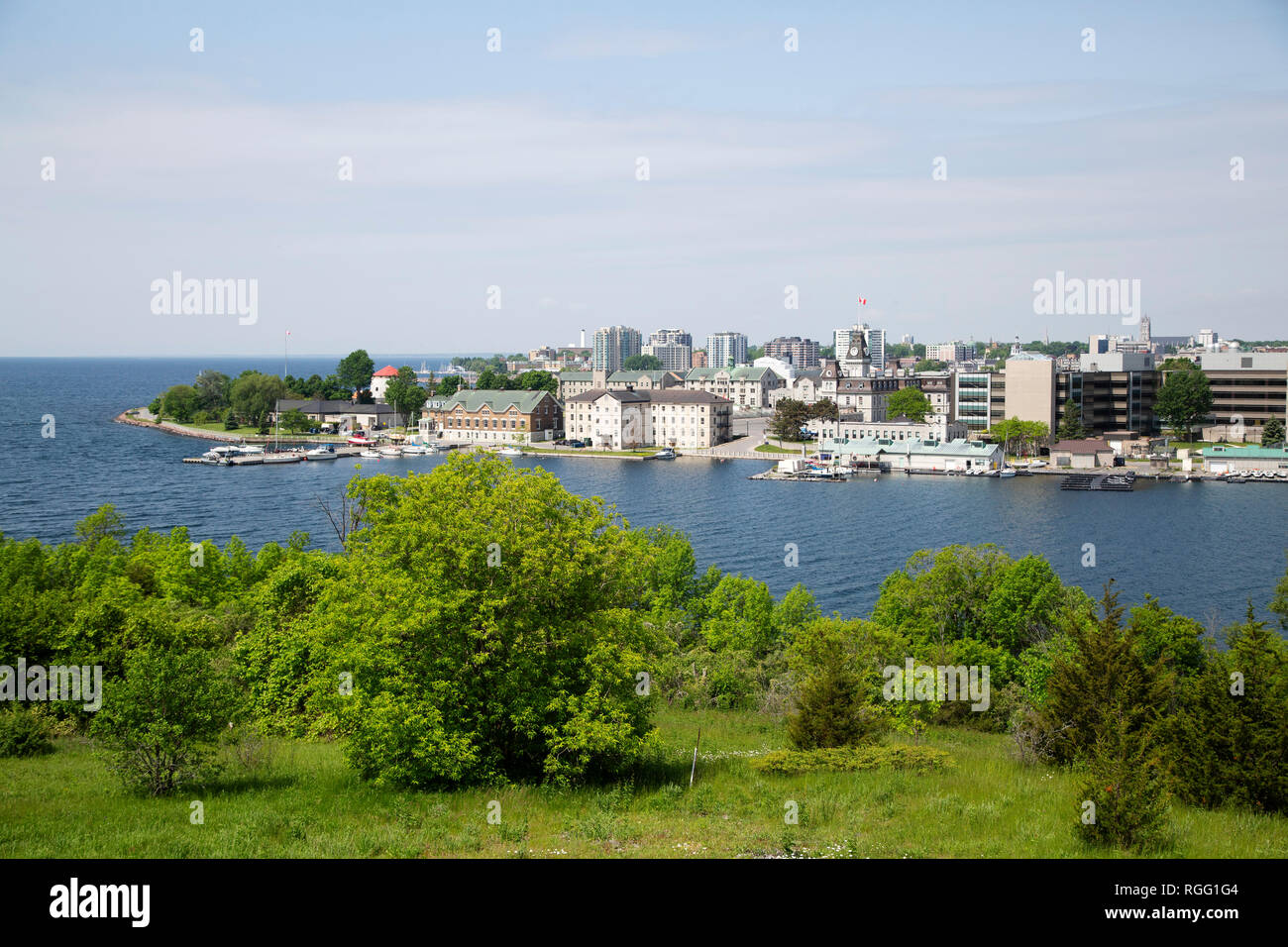 The waterfront of Kingston, Ontario. Kingston overlooks the Saint Lawrence River and is at the confluence with the Rideau Canal. Stock Photo