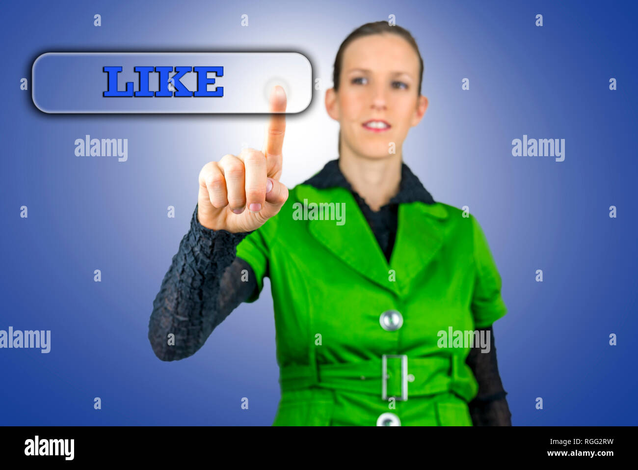 Young woman pressing Like button on virtual screen. Stock Photo