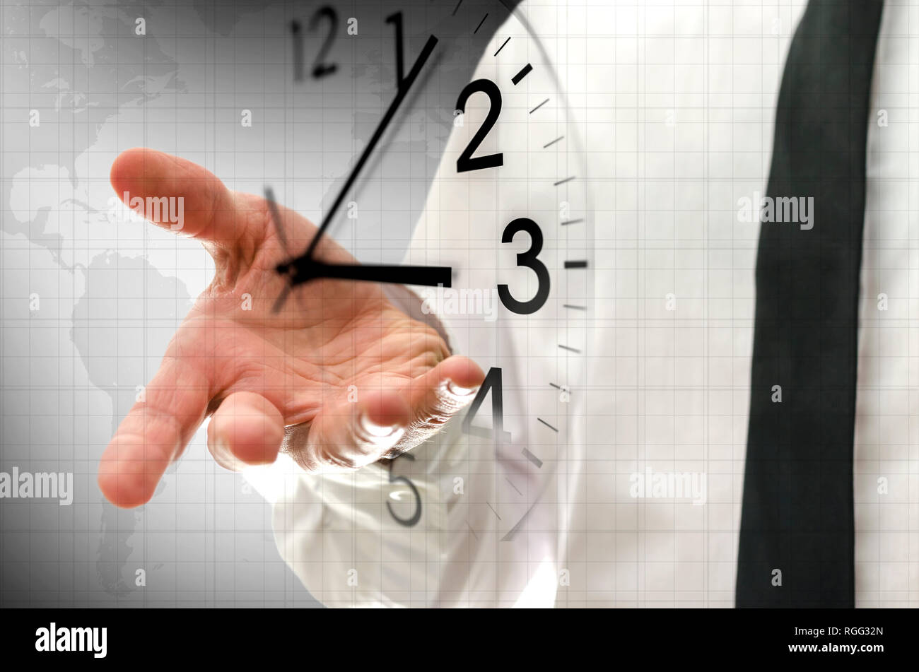 Businessman navigating virtual clock in interface. Concept of time