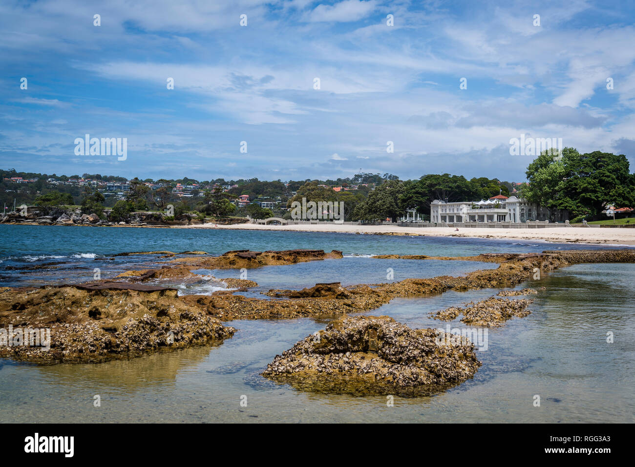 Balmoral Beach and Bathers’ Pavilion restaurant in distance, North Shore, Sydney, NSW, Australia Stock Photo