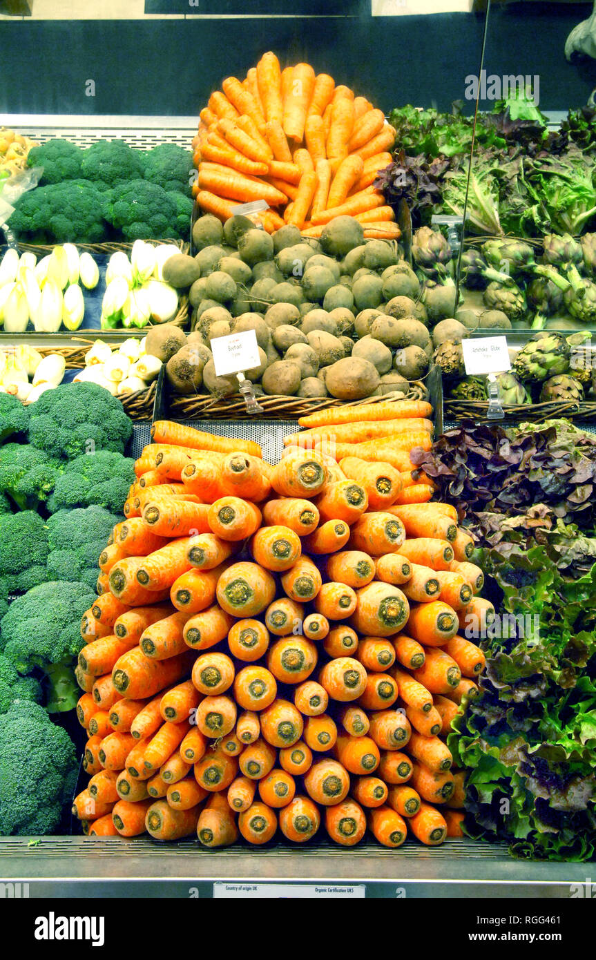 Carrot display at Planet Organic, organic supermarket. Organic grocer. Stock Photo