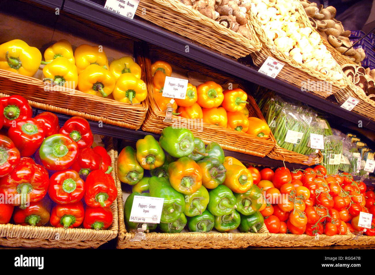 Pepper display, Planet Organic, organic supermarket. Organic grocer. Stock Photo