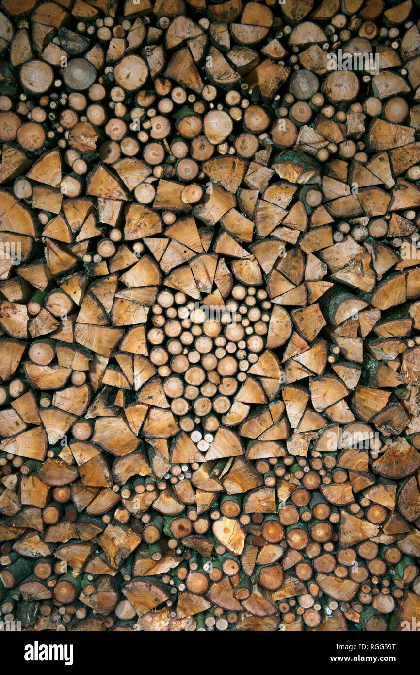 Unseasoned firewood air drying in woodshed. Stack of freshly cut and split fire wood with heart shape built using contrasting rounds and splits. Stock Photo