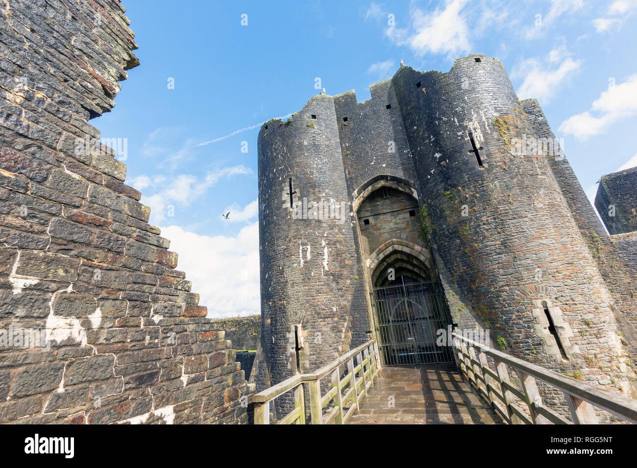 Caerphilly, Caerphilly, Wales, United Kingdom. Caerphilly castle entrance. Stock Photo