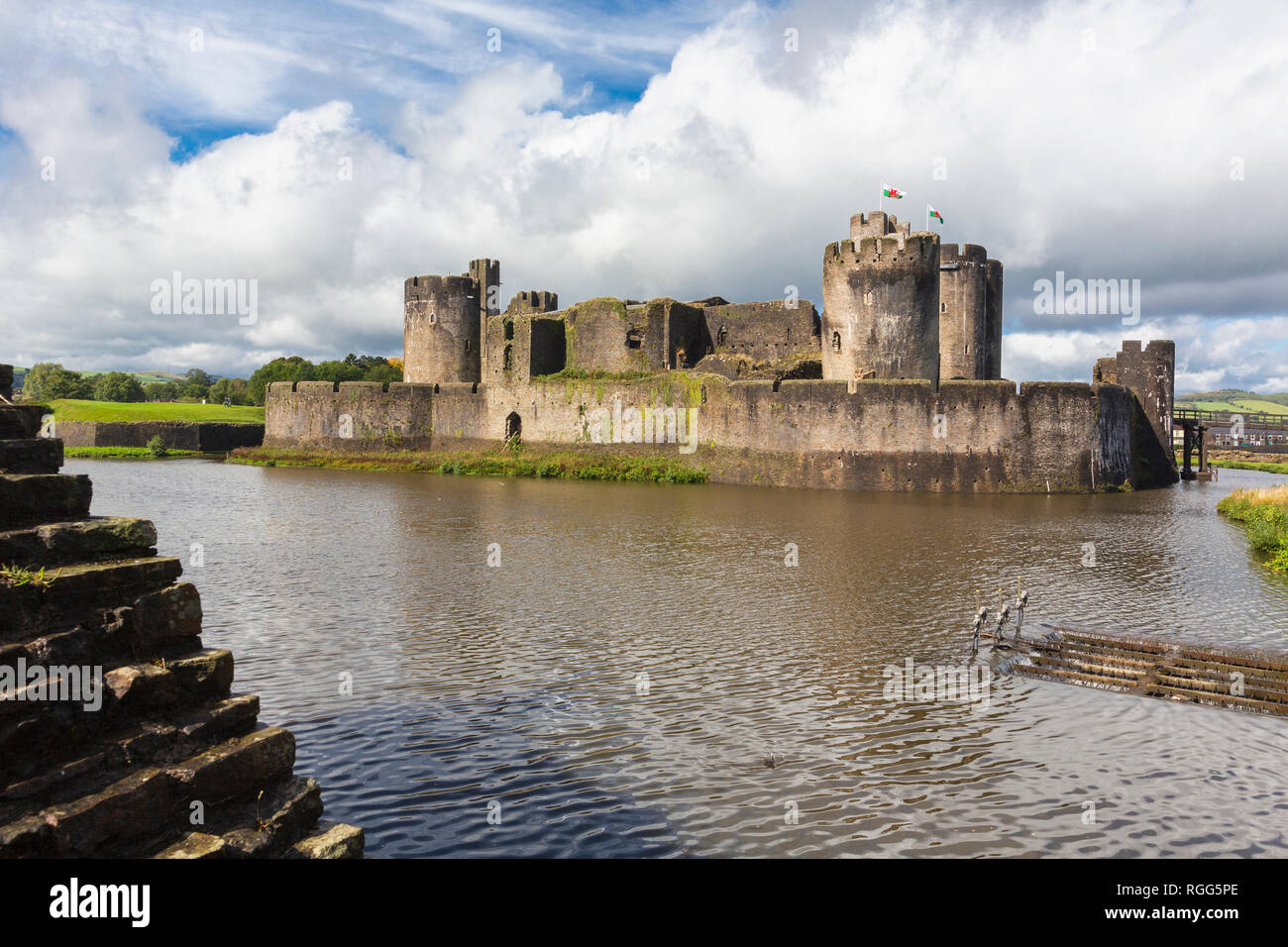 Caerphilly, Caerphilly, Wales, United Kingdom. Caerphilly castle with its moat. Stock Photo
