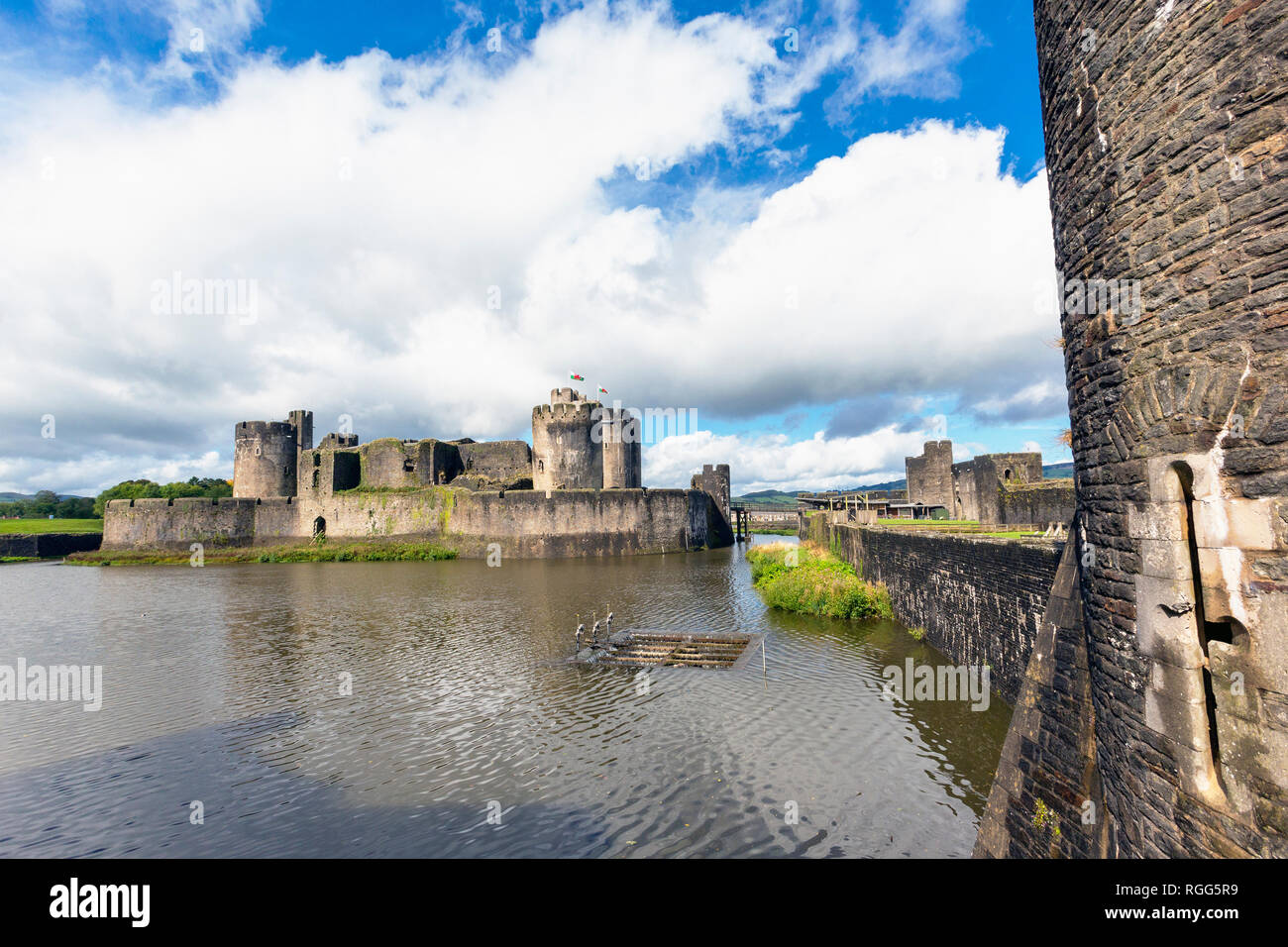 Caerphilly, Caerphilly, Wales, United Kingdom. Caerphilly castle with its moat. Stock Photo