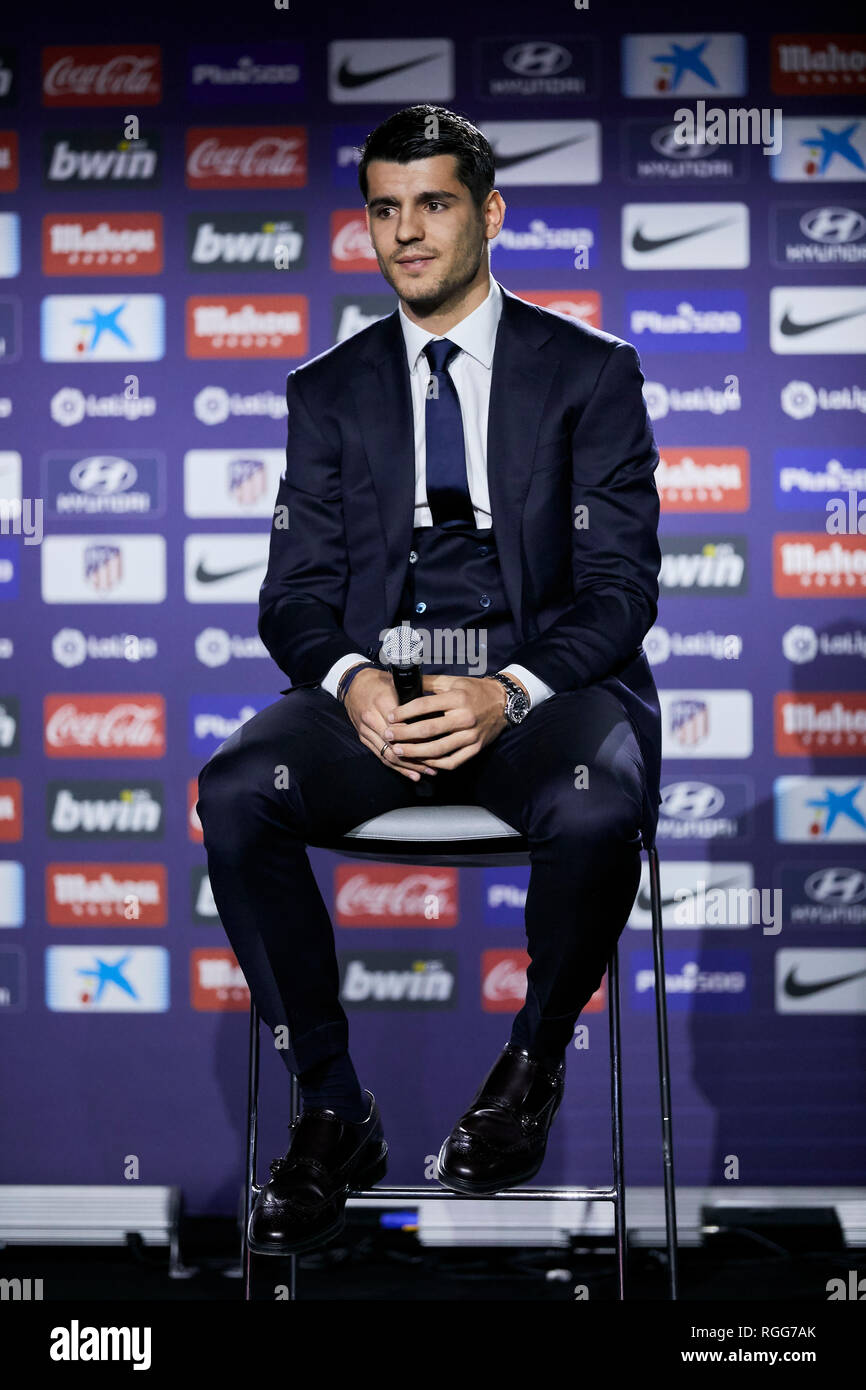 Alvaro Morata seen during his official presentation as new player of Atletico de Madrid at Wanda Metropolitano Stadium in Madrid. Stock Photo