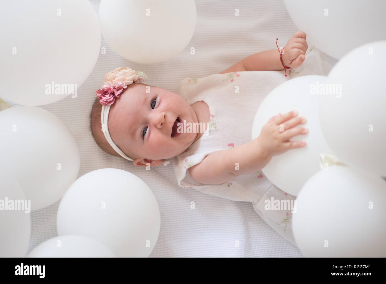 Pure Beauty Small Girl Happy Birthday Portrait Of Happy Little Child In White Balloons Sweet Little Baby New Life And Birth Childhood Happiness Stock Photo Alamy