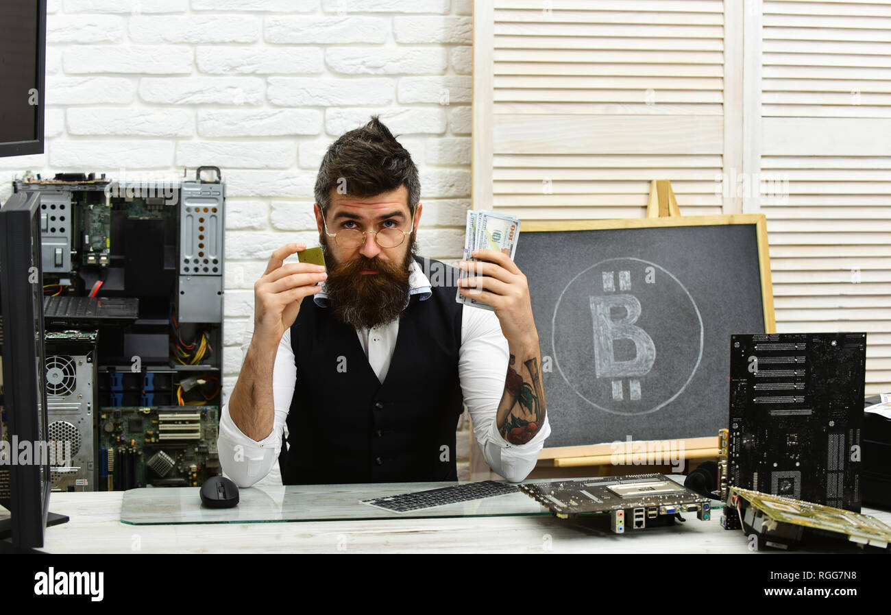 Bitcoin mining farm. Bearded businessman with computer circuits for bitcoin  mining. Bitcoin miner man in server room. Bearded man bitcoiner. Crypto  Stock Photo - Alamy
