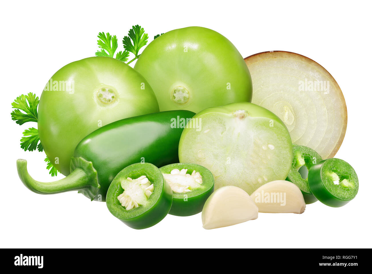 Ingredients for Salsa Verde sauce: tomatillos, onion, Jalapeno peppers and garlic, cilantro Stock Photo