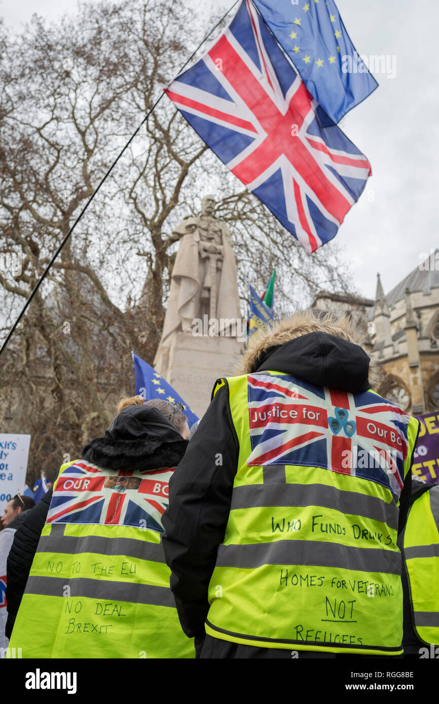 On the day that the UK Parliament once again votes on an amendment of Prime Minister Theresa May's Brexit deal that requires another negotiation with the EU in Brussels, far-right pro-Remain protesters gather outside the House of Commons, on 29th January 2019, in Westminster, London, England. Stock Photo