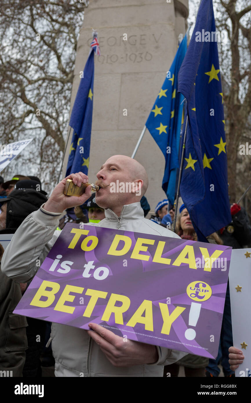 On the day that the UK Parliament once again votes on an amendment of Prime Minister Theresa May's Brexit deal that requires another negotiation with the EU in Brussels, a far-right pro-Remain vapes among pro-EU protesters gather outside the House of Commons, on 29th January 2019, in Westminster, London, England. Stock Photo