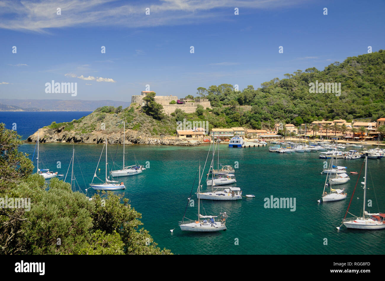 Port and Yachts in Bay at Port-Cros or Port Cros National Park Îles d'Hyères or Hyères Islands Var Provence France Stock Photo