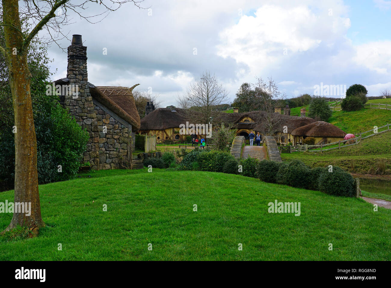 MATAMATA, NEW ZEALAND - View of the Hobbiton movie set, the Alexander farm where Peter Jackson filmed several Lord of the Rings ad Hobbit movies. Stock Photo