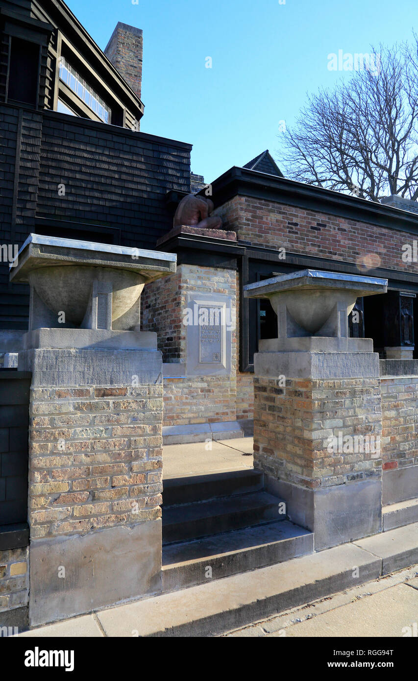 The view of Frank Lloyd Wright's home and Studio from business entrance side in Oak Park.West Side of Chicago.Illinois.USA Stock Photo