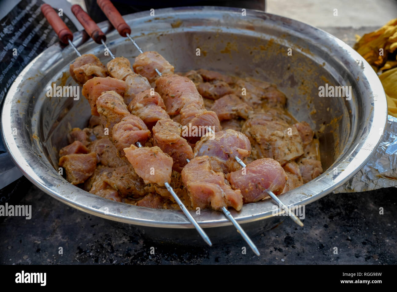 Marinated beef cubes on grill Stock Photo