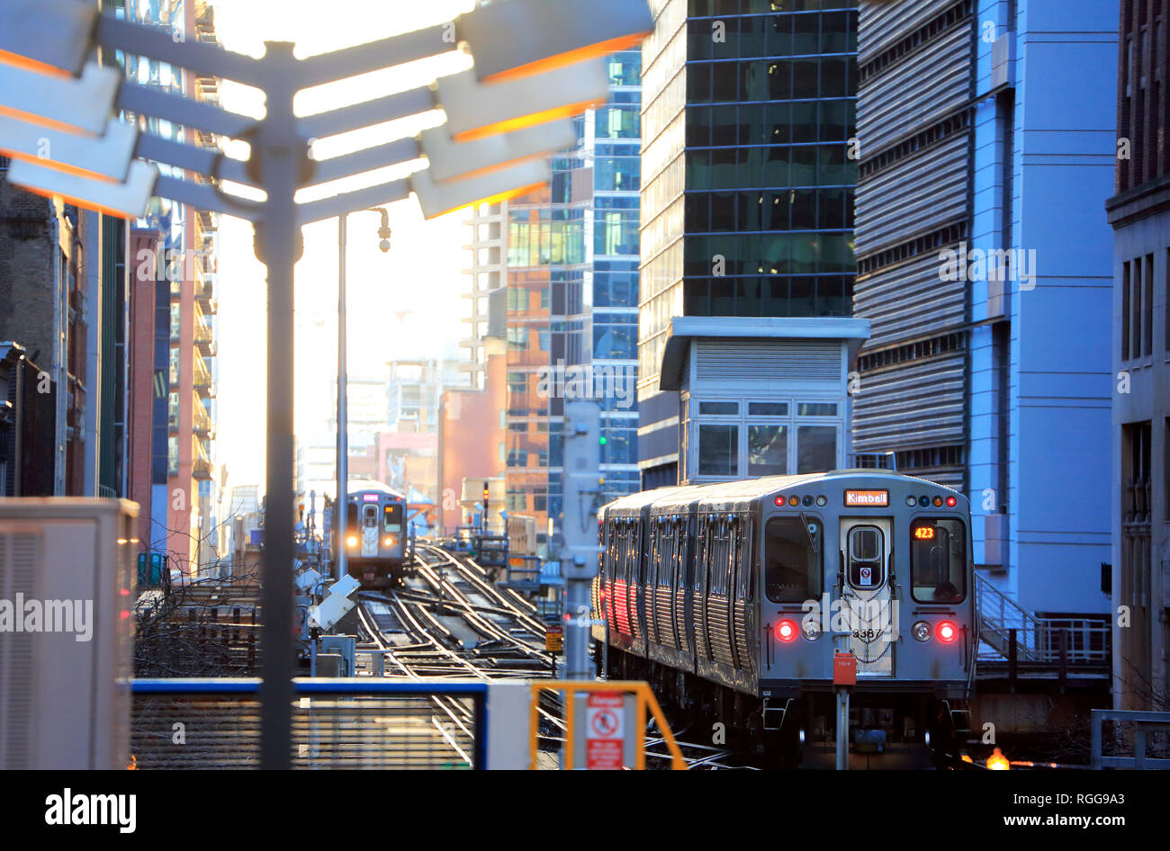 Chicago "L" trains running on elevated railroad tracks near State/Lake