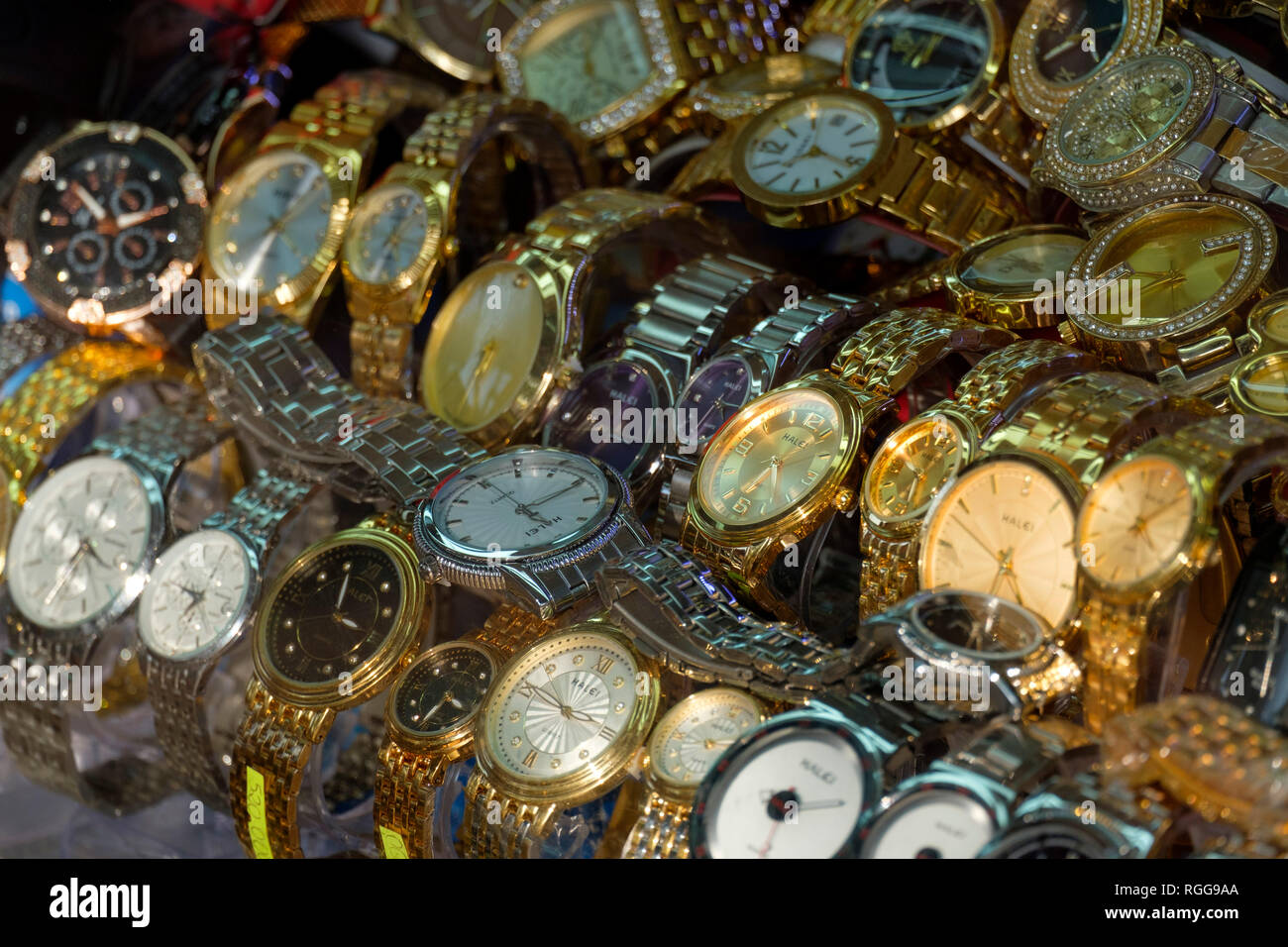 Counterfeit wrist watches for sale at a flea market Stock Photo