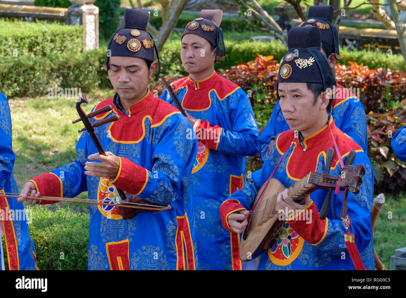 Musicians playing vietnamese music with traditional instruments Stock Photo