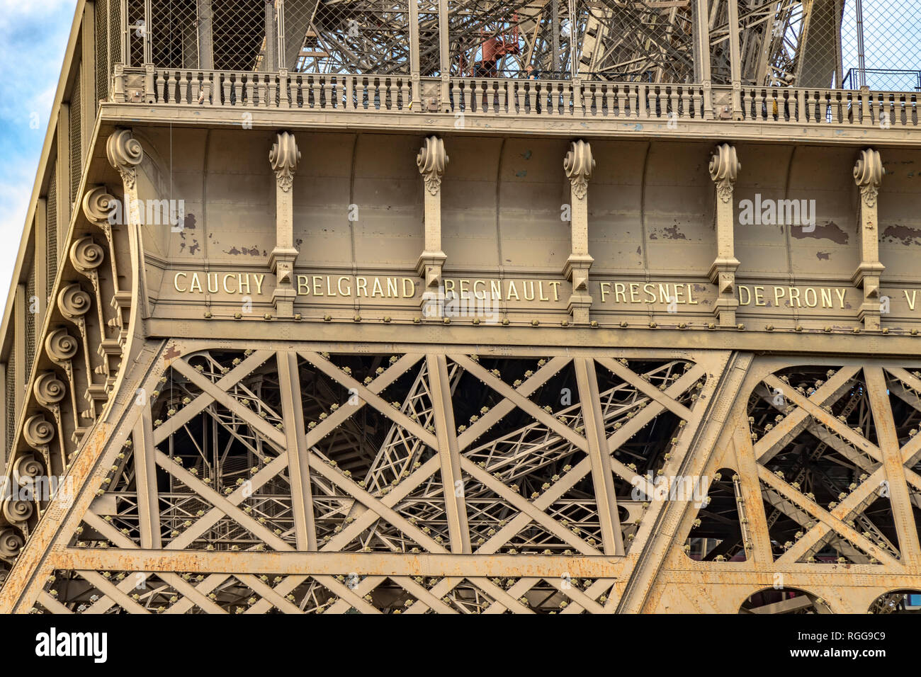 Close up of the detailed intricate Eiffel Tower wrought iron lattice work , The Eiffel Tower is the most visited paid monument in the world , Paris Stock Photo