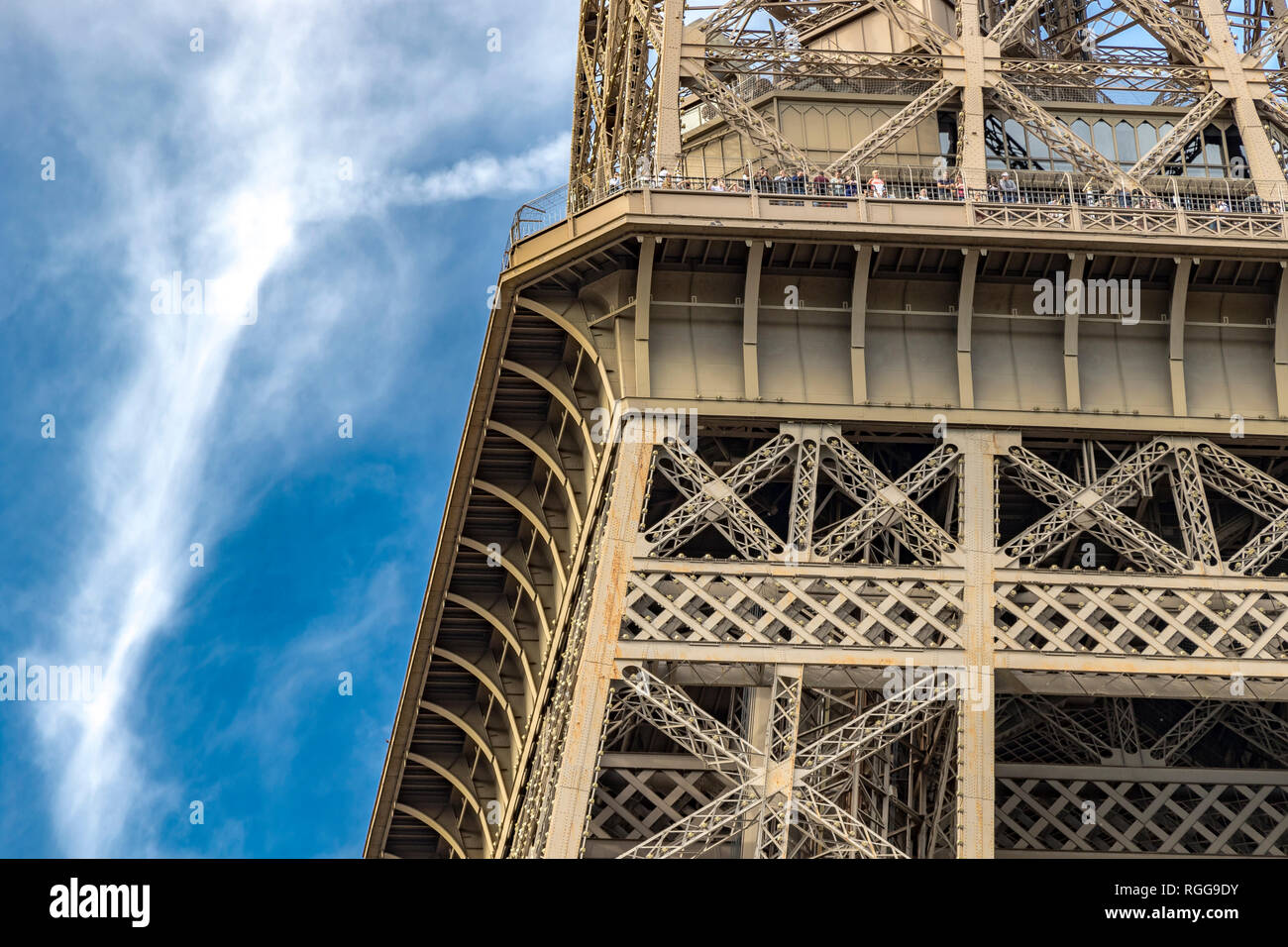 Close up of the detailed intricate Eiffel Tower wrought iron lattice work , The Eiffel Tower is the most visited paid monument in the world , Paris Stock Photo