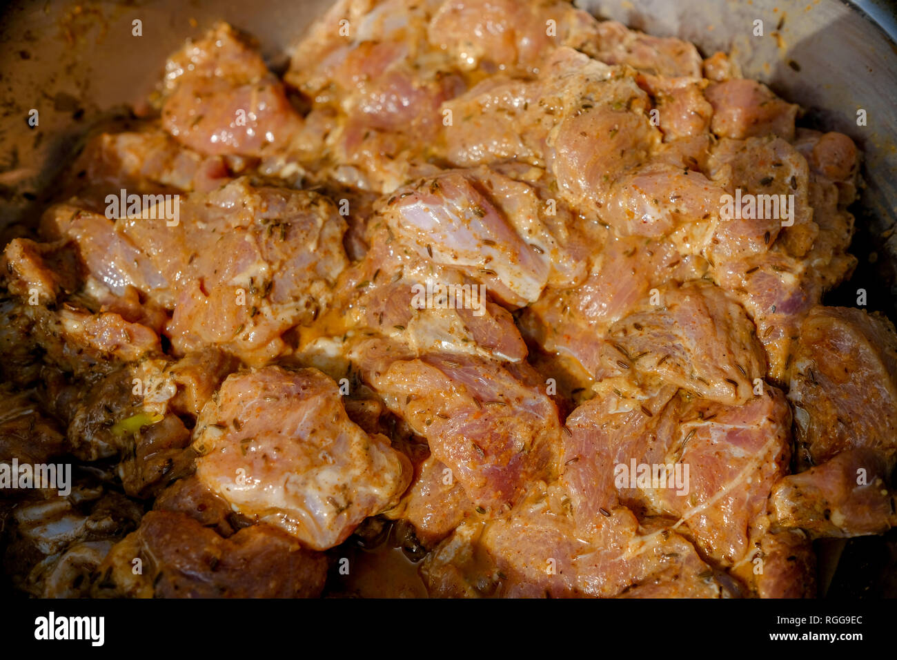 close up of Marinated beef cubes Stock Photo