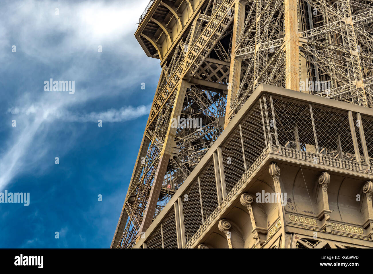 Close up of the detailed intricate Eiffel Tower wrought iron lattice