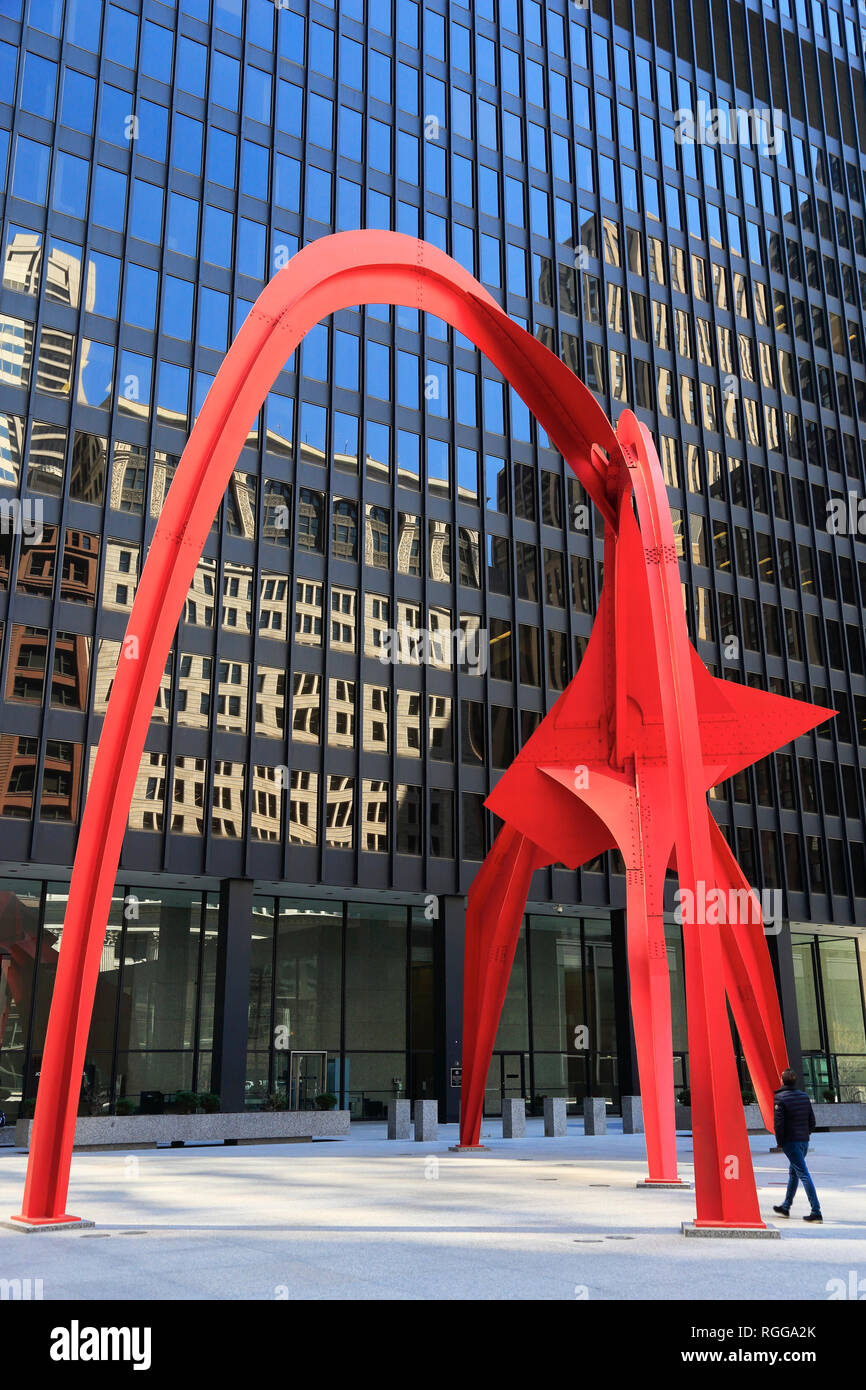 Alexander Calder's sculpture Flamingo in front of Kluczynski Federal Building in Federal Plaza in downtown Chicago, Illinois,USA Stock Photo