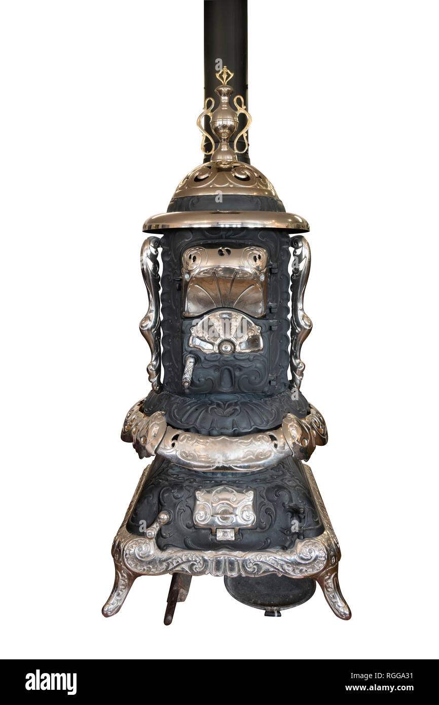 https://c8.alamy.com/comp/RGGA31/cast-iron-antique-hot-blast-florence-stove-with-embossed-scroll-work-and-foliage-accents-has-collars-decorative-arms-and-silver-metal-aluminum-ash-RGGA31.jpg