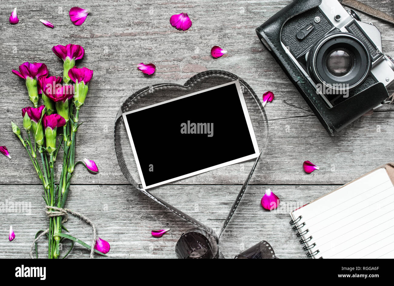 retro camera and blank photo frame in heart shaped film with purple carnation flowers, petals and lined notebook on rustic wooden background. valentin Stock Photo