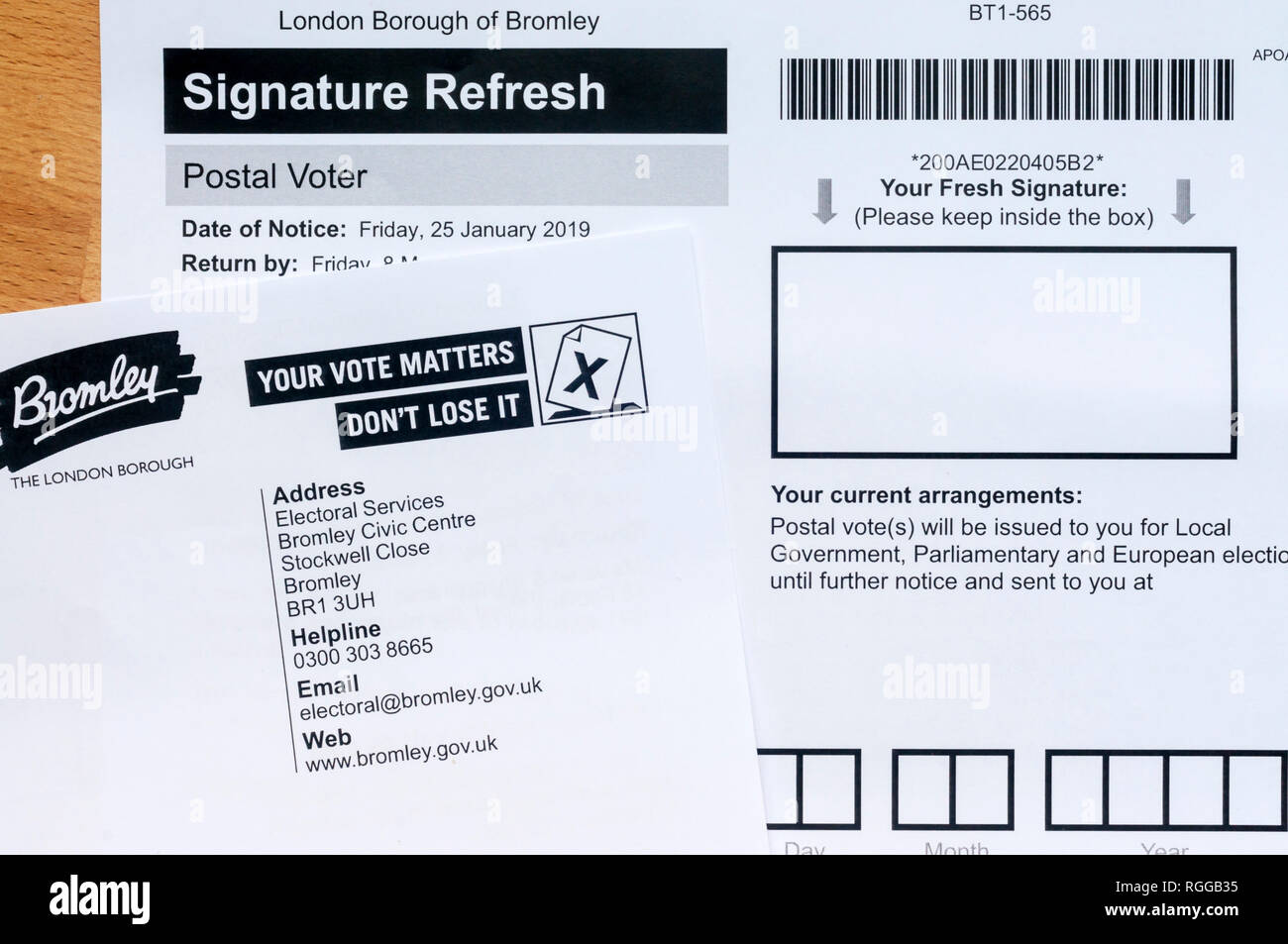 Fresh signatures are periodically requested of people registered for a postal vote.  NB: Data anonymised. Stock Photo