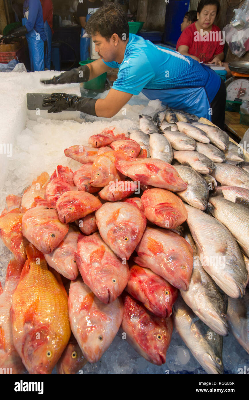fresh fish at the seafood and fish market at the Naklua Fish Market in